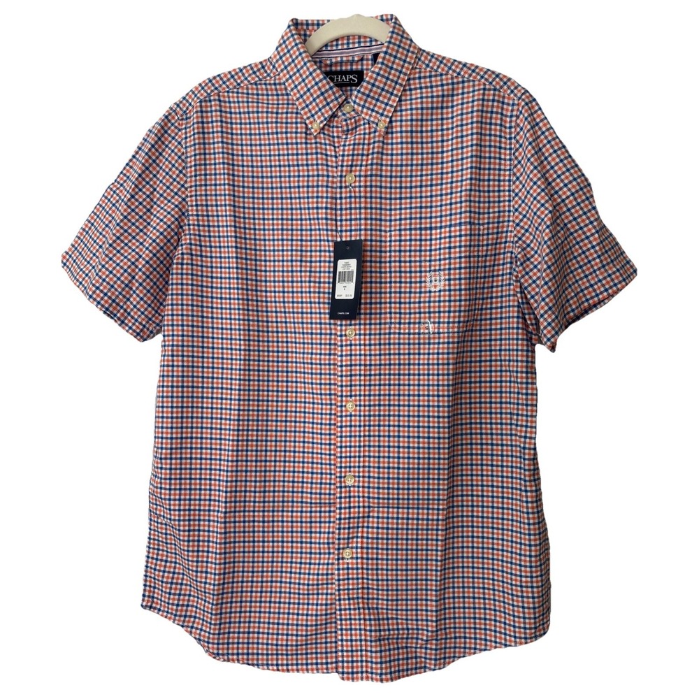 Chaps Button Down Shirt Men's Orange Blue Gingham Check New Short Sleeve S
